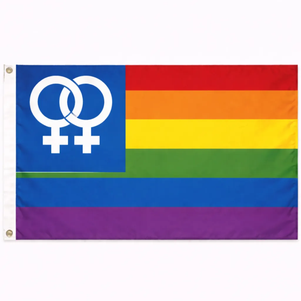 Regenbogen Flagge mit Doppelfrau Symbol im Feld 90 x 150 cm